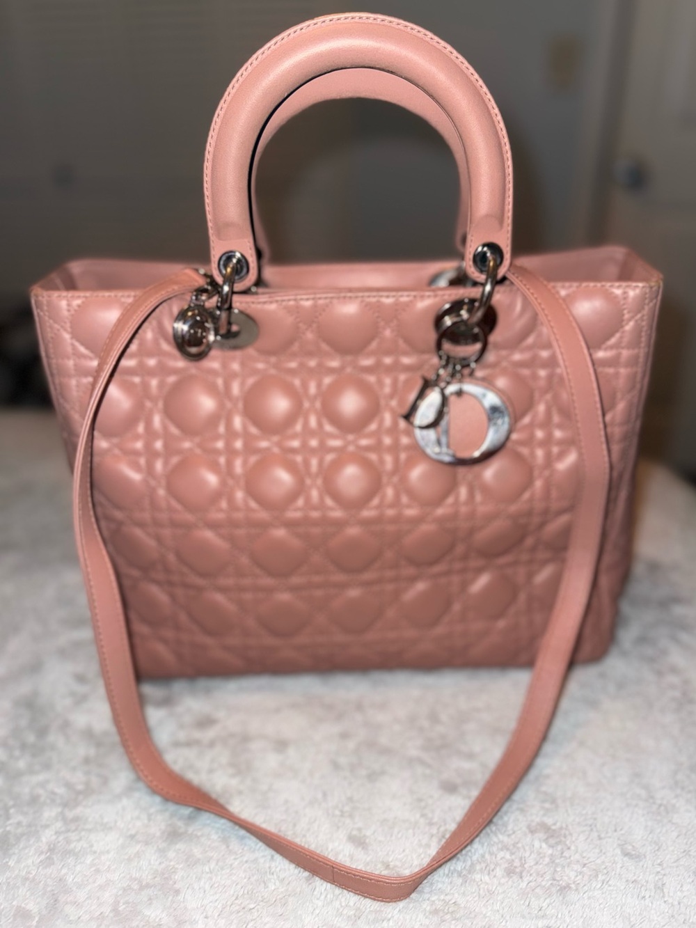 Christian Dior Pink Leather Large Lady Dior Tote Bag Silver Hardware-COA